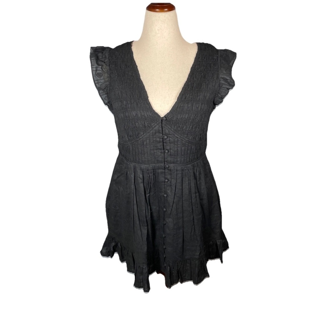 Black Mini Dress with Button Front and Ruffle Sleeves